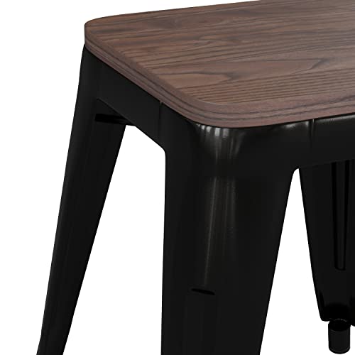 Flash Furniture Metal Dining Table Height Stool with Wooden Seat Set of 4 - Backless Black Commercial Grade Stool - 18" Stackable Dining Chairs