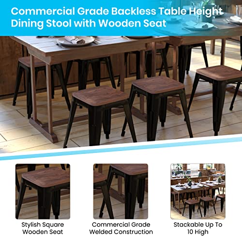 Flash Furniture Metal Dining Table Height Stool with Wooden Seat Set of 4 - Backless Black Commercial Grade Stool - 18" Stackable Dining Chairs