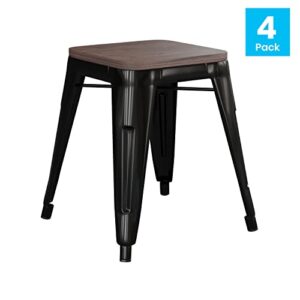 Flash Furniture Metal Dining Table Height Stool with Wooden Seat Set of 4 - Backless Black Commercial Grade Stool - 18" Stackable Dining Chairs