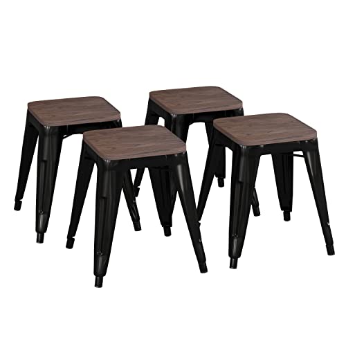 Flash Furniture Metal Dining Table Height Stool with Wooden Seat Set of 4 - Backless Black Commercial Grade Stool - 18" Stackable Dining Chairs