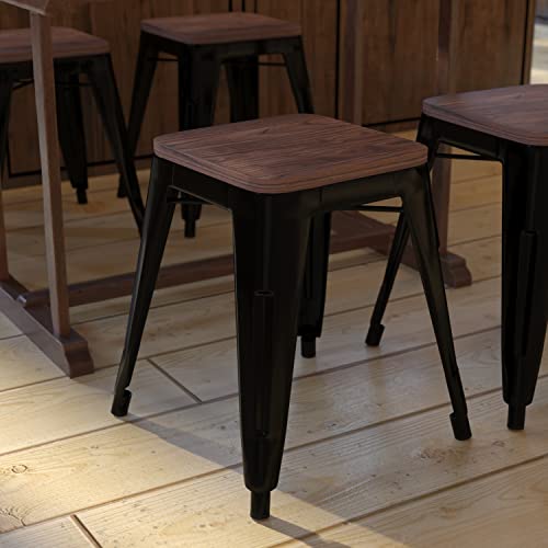 Flash Furniture Metal Dining Table Height Stool with Wooden Seat Set of 4 - Backless Black Commercial Grade Stool - 18" Stackable Dining Chairs