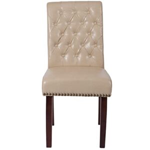 Flash Furniture Set of 6 Hercules Series Beige LeatherSoft Parsons Chairs with Rolled Back, Accent Nail Trim and Walnut Finish