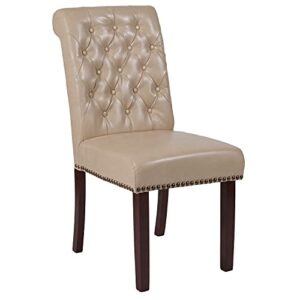 Flash Furniture Set of 6 Hercules Series Beige LeatherSoft Parsons Chairs with Rolled Back, Accent Nail Trim and Walnut Finish