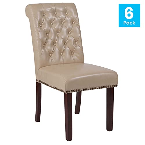 Flash Furniture Set of 6 Hercules Series Beige LeatherSoft Parsons Chairs with Rolled Back, Accent Nail Trim and Walnut Finish