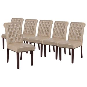 Flash Furniture Set of 6 Hercules Series Beige LeatherSoft Parsons Chairs with Rolled Back, Accent Nail Trim and Walnut Finish