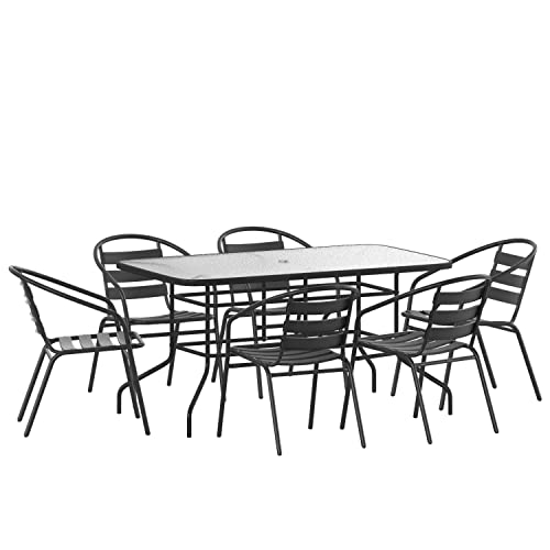 Flash Furniture Patio Dining Set, 55" Tempered Glass Table with Umbrella Hole, 6 Black Metal Aluminum Slat Stack Chairs