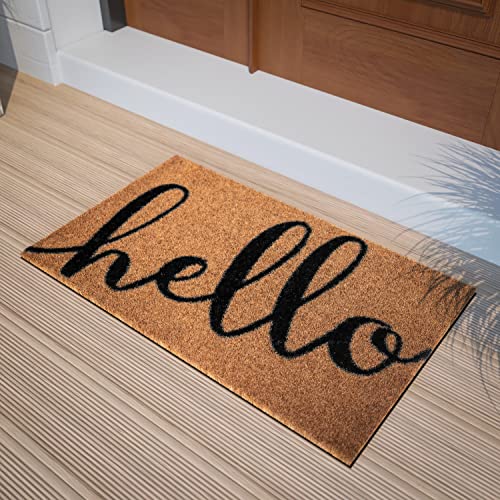 Flash Furniture Harbold Indoor/Outdoor Coir Doormat - Natural Background with Black Hello Message - 18" x 30" - Non-Slip Backing