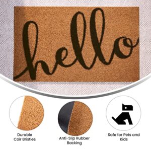 Flash Furniture Harbold Indoor/Outdoor Coir Doormat - Natural Background with Black Hello Message - 18" x 30" - Non-Slip Backing