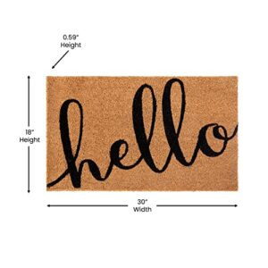 Flash Furniture Harbold Indoor/Outdoor Coir Doormat - Natural Background with Black Hello Message - 18" x 30" - Non-Slip Backing