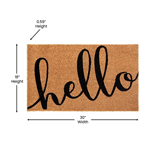 Flash Furniture Harbold Indoor/Outdoor Coir Doormat - Natural Background with Black Hello Message - 18" x 30" - Non-Slip Backing