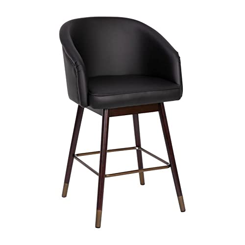 Flash Furniture Margo Commercial Grade Mid-Back Counter Stool - Black LeatherSoft Upholstery - Walnut Finish Beechwood Legs with Soft Bronze Accents - 26" Barstool