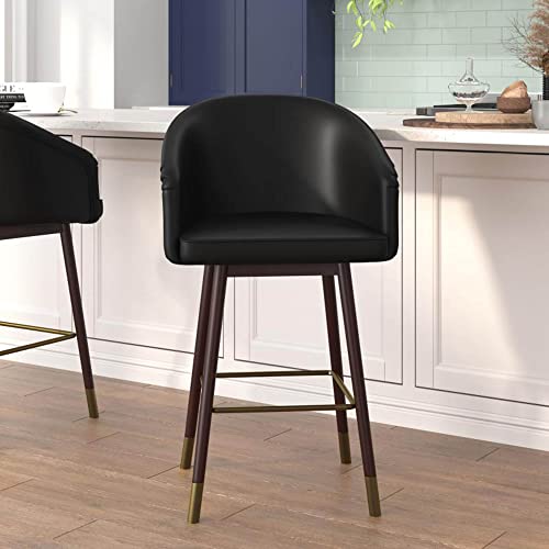 Flash Furniture Margo Commercial Grade Mid-Back Counter Stool - Black LeatherSoft Upholstery - Walnut Finish Beechwood Legs with Soft Bronze Accents - 26" Barstool