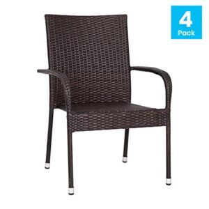 Flash Furniture Indoor/Outdoor Dining Chairs with Arms Wicker Wrapped Steel Frames, 4 Pack, Espresso