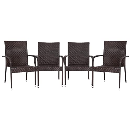 Flash Furniture Indoor/Outdoor Dining Chairs with Arms Wicker Wrapped Steel Frames, 4 Pack, Espresso