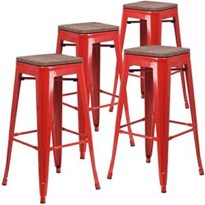 flash furniture lily 4 pk. 30″ high backless red metal barstool with square wood seat