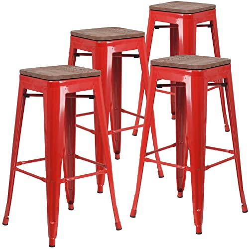 Flash Furniture Lily 4 Pk. 30" High Backless Red Metal Barstool with Square Wood Seat