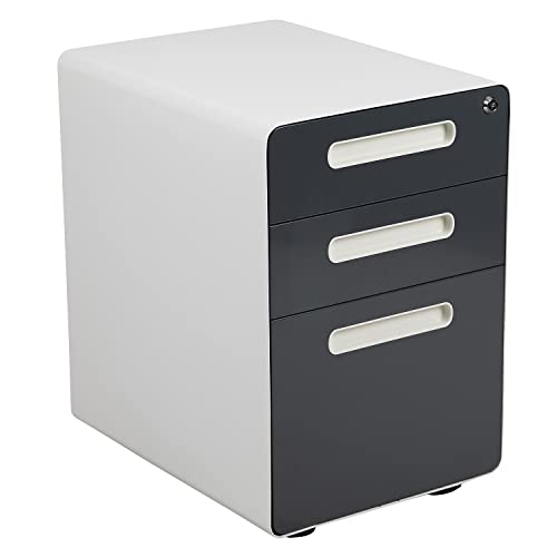 Flash Furniture Ergonomic 3-Drawer Mobile Locking Filing Cabinet with Anti-Tilt Mechanism & Letter/Legal Drawer, White with Charcoal Faceplate