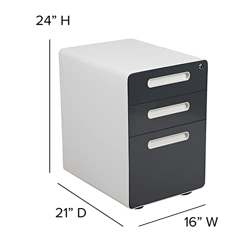 Flash Furniture Ergonomic 3-Drawer Mobile Locking Filing Cabinet with Anti-Tilt Mechanism & Letter/Legal Drawer, White with Charcoal Faceplate