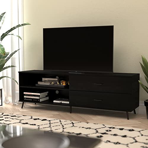 Flash Furniture Nelson 65" Mid Century Modern Stand for up to 60" TV's with Adjustable Shelf and Storage Drawers, Black