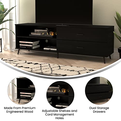 Flash Furniture Nelson 65" Mid Century Modern Stand for up to 60" TV's with Adjustable Shelf and Storage Drawers, Black