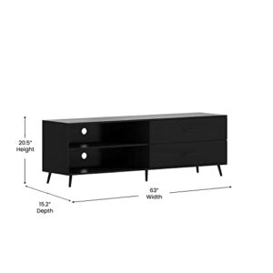 Flash Furniture Nelson 65" Mid Century Modern Stand for up to 60" TV's with Adjustable Shelf and Storage Drawers, Black