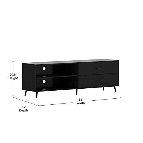 Flash Furniture Nelson 65" Mid Century Modern Stand for up to 60" TV's with Adjustable Shelf and Storage Drawers, Black