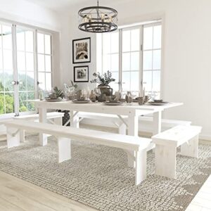 Flash Furniture HERCULES Series 8' x 40" Antique Rustic White Folding Farm Table and Four Bench Set