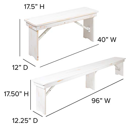 Flash Furniture HERCULES Series 8' x 40" Antique Rustic White Folding Farm Table and Four Bench Set