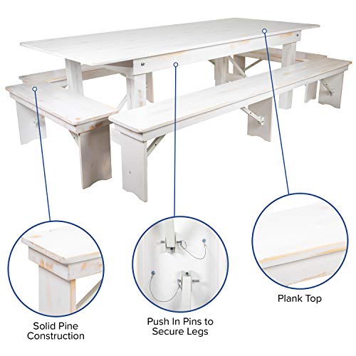 Flash Furniture HERCULES Series 8' x 40" Antique Rustic White Folding Farm Table and Four Bench Set