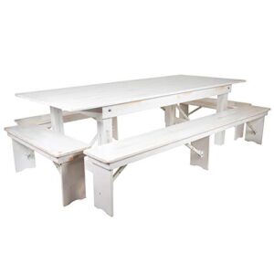 Flash Furniture HERCULES Series 8' x 40" Antique Rustic White Folding Farm Table and Four Bench Set