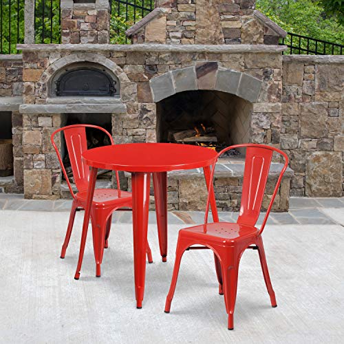 Flash Furniture Commercial Grade 30" Round Red Metal Indoor-Outdoor Table Set with 2 Cafe Chairs