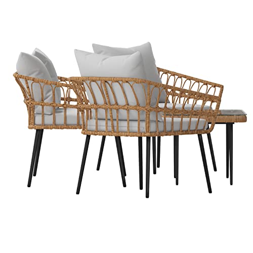 Flash Furniture Evin Boho Patio Conversation Set Rope Rattan-All-Weather Cushions-Tempered Glass Top Coffee Table-Indoor/Outdoor, 4 Piece, Natura/Gray