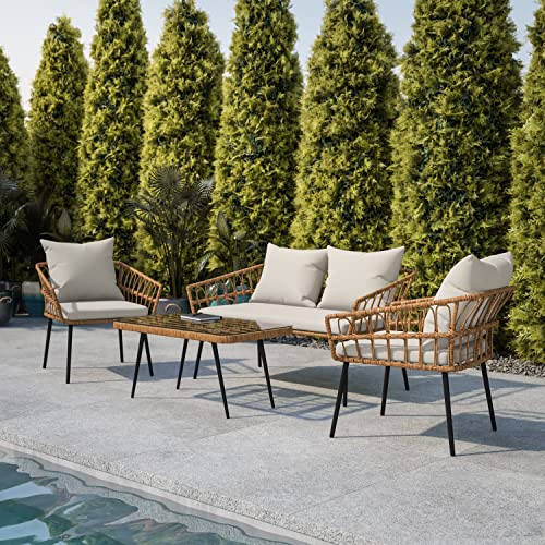 Flash Furniture Evin Boho Patio Conversation Set Rope Rattan-All-Weather Cushions-Tempered Glass Top Coffee Table-Indoor/Outdoor, 4 Piece, Natura/Gray