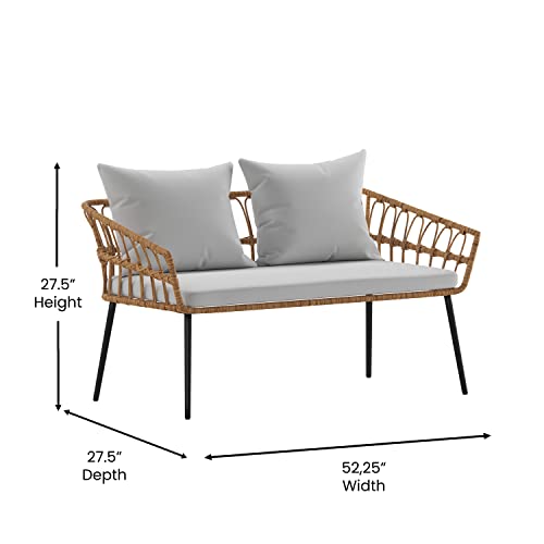 Flash Furniture Evin Boho Patio Conversation Set Rope Rattan-All-Weather Cushions-Tempered Glass Top Coffee Table-Indoor/Outdoor, 4 Piece, Natura/Gray