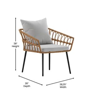 Flash Furniture Evin Boho Patio Conversation Set Rope Rattan-All-Weather Cushions-Tempered Glass Top Coffee Table-Indoor/Outdoor, 4 Piece, Natura/Gray