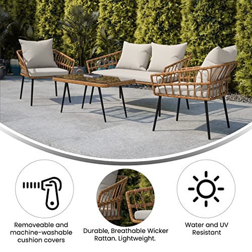 Flash Furniture Evin Boho Patio Conversation Set Rope Rattan-All-Weather Cushions-Tempered Glass Top Coffee Table-Indoor/Outdoor, 4 Piece, Natura/Gray