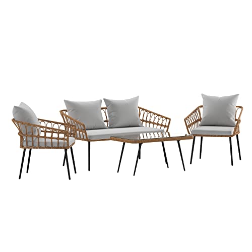 Flash Furniture Evin Boho Patio Conversation Set Rope Rattan-All-Weather Cushions-Tempered Glass Top Coffee Table-Indoor/Outdoor, 4 Piece, Natura/Gray