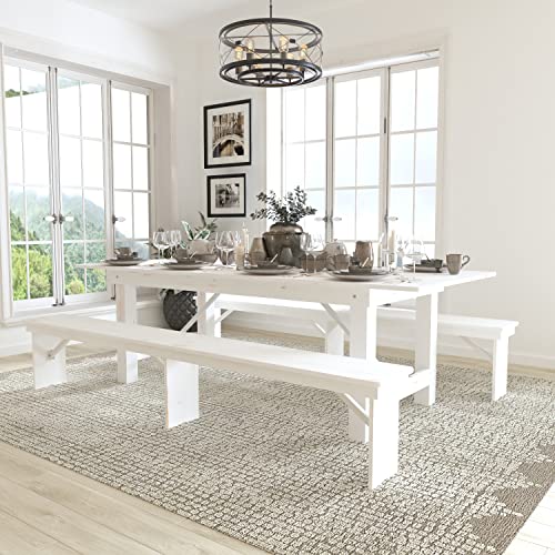 Flash Furniture HERCULES Series 8' x 40" Antique Rustic White Folding Farm Table and Two Bench Set