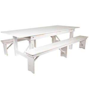 Flash Furniture HERCULES Series 8' x 40" Antique Rustic White Folding Farm Table and Two Bench Set