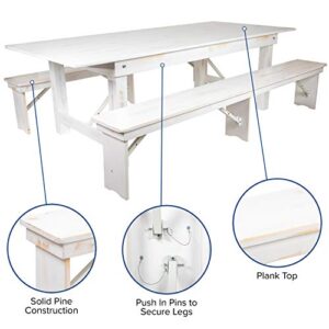 Flash Furniture HERCULES Series 8' x 40" Antique Rustic White Folding Farm Table and Two Bench Set