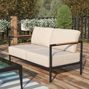flash furniture modern patio loveseat with cushions – contemporary black frame and teak accented arms – beige cushions – zippered removable covers