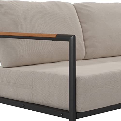 Flash Furniture Modern Patio Loveseat With Cushions - Contemporary Black Frame and Teak Accented Arms - Beige Cushions - Zippered Removable Covers