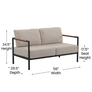 Flash Furniture Modern Patio Loveseat With Cushions - Contemporary Black Frame and Teak Accented Arms - Beige Cushions - Zippered Removable Covers