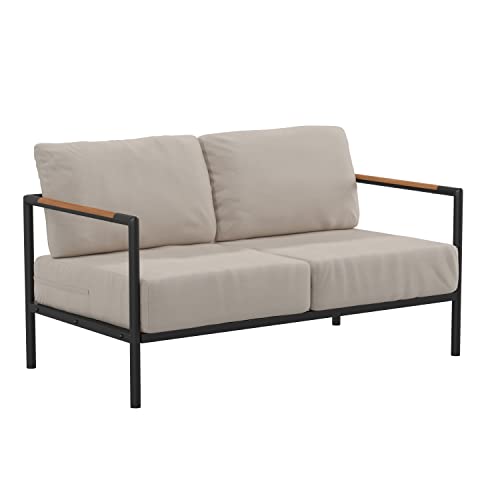 Flash Furniture Modern Patio Loveseat With Cushions - Contemporary Black Frame and Teak Accented Arms - Beige Cushions - Zippered Removable Covers