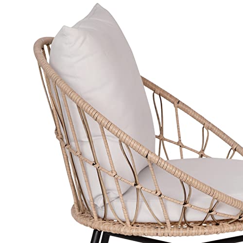 Flash Furniture Devon Set of 2 Indoor/Outdoor Modern Papasan Style Rope Patio Chairs, PE Rattan with Cushions, Tan/Light Gray