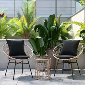 flash furniture tw-vn017-18-tan-bk-gg devon 3-piece indoor/outdoor bistro set, papasan style rattan rope chairs, glass top side table & cushions, tan/black