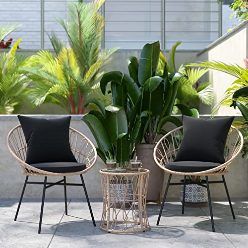 Flash Furniture TW-VN017-18-TAN-BK-GG Devon 3-Piece Indoor/Outdoor Bistro Set, Papasan Style Rattan Rope Chairs, Glass Top Side Table & Cushions, Tan/Black