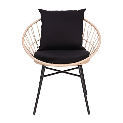 Flash Furniture TW-VN017-18-TAN-BK-GG Devon 3-Piece Indoor/Outdoor Bistro Set, Papasan Style Rattan Rope Chairs, Glass Top Side Table & Cushions, Tan/Black