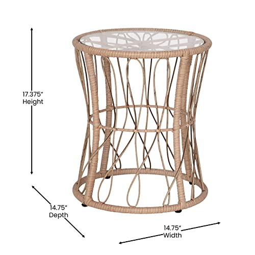 Flash Furniture TW-VN017-18-TAN-BK-GG Devon 3-Piece Indoor/Outdoor Bistro Set, Papasan Style Rattan Rope Chairs, Glass Top Side Table & Cushions, Tan/Black