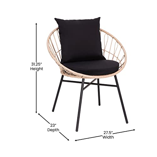 Flash Furniture TW-VN017-18-TAN-BK-GG Devon 3-Piece Indoor/Outdoor Bistro Set, Papasan Style Rattan Rope Chairs, Glass Top Side Table & Cushions, Tan/Black